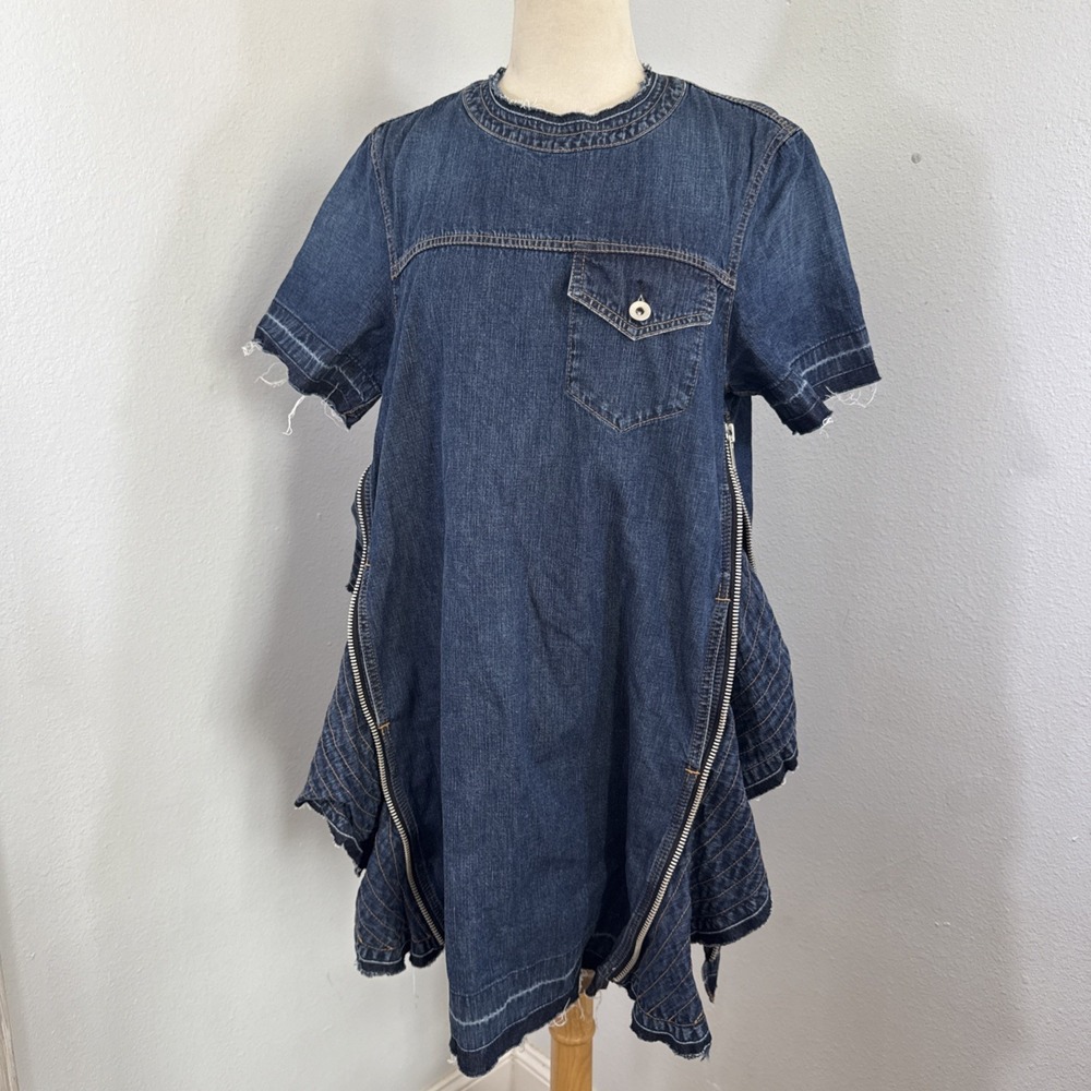 Sacai Mini Denim Dress 1/S Dark Blue Zip Ruffle Details Retro Style